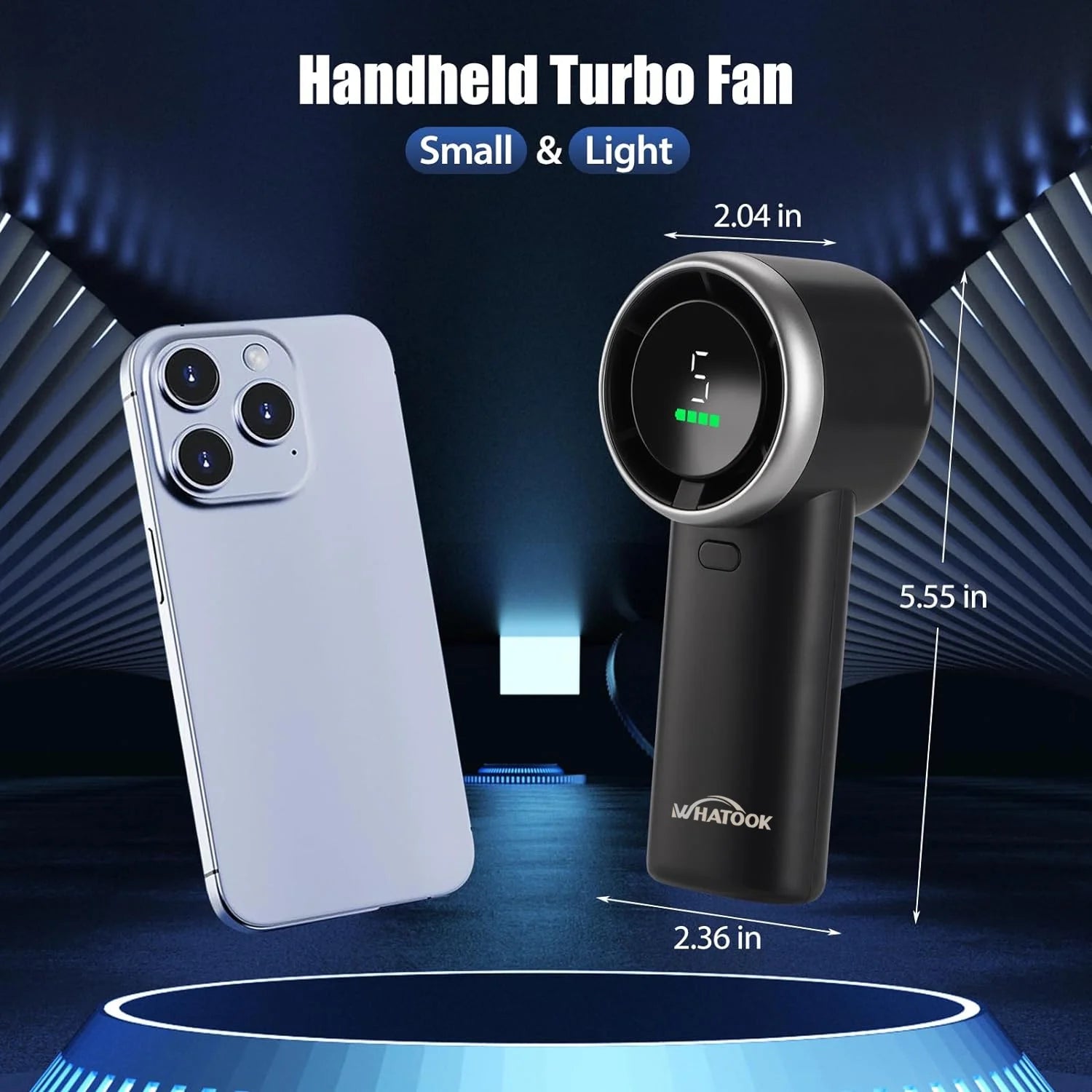 WHATOOK Portable Handheld Fan, Adjustable Mini Fan, Rechargeable Personal Fan, 3600 Mah Bladeless Fan, Digital Display, Gifts for Women Men Travel, Camping, Outdoor, Grey
